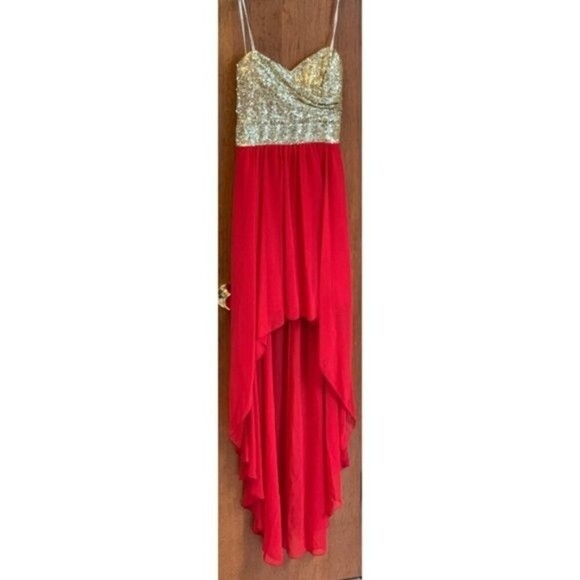 B Darlin Strapless Red and Gold Sequin Top High Low Dress - Picture 1 of 6